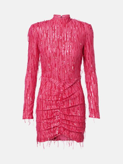 Fringed ruched sequined mesh minidress