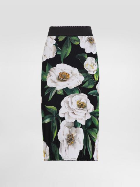 Calf-length stretch pencil skirt with gardenia print