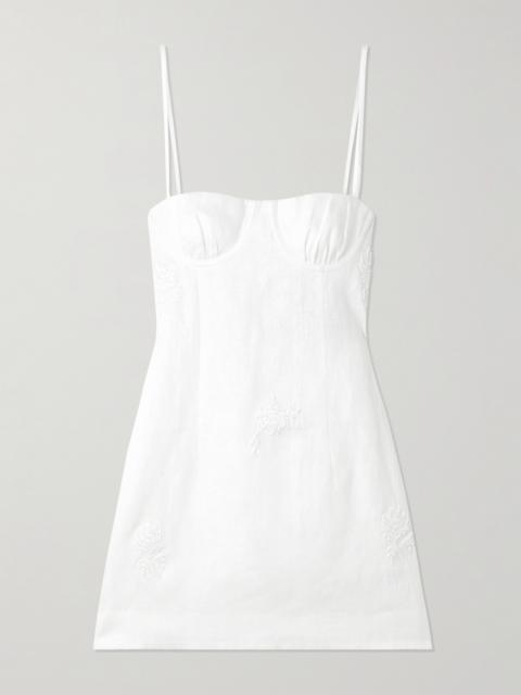 Alessandra Gathered Embroidered Linen Mini Dress
