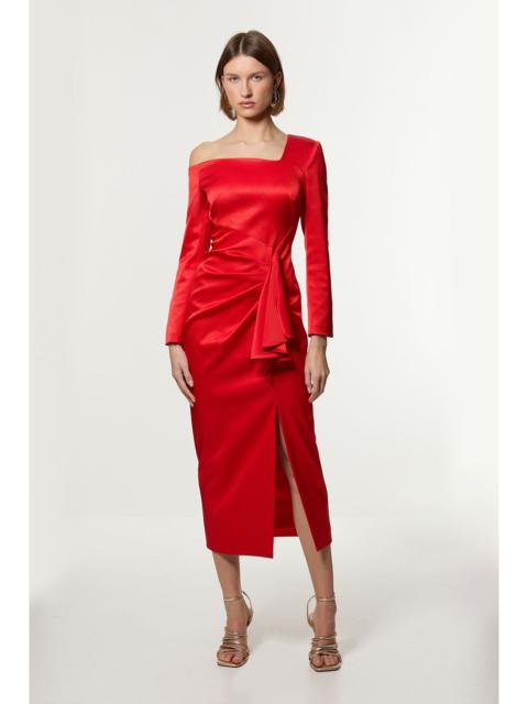 Italian Structured Rib Asymmetric Neckline Draped Tailored Maxi Dress