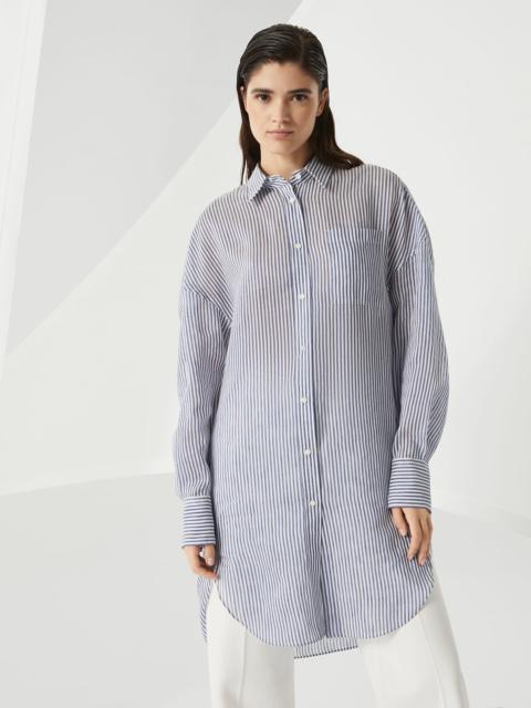 Striped linen and silk organza long shirt with shiny collar detail