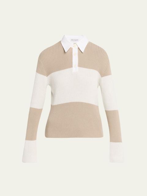Shimmering Striped Cotton Rib Polo Sweater