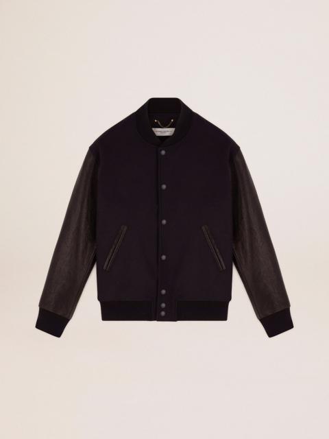 Men's bomber jacket in dark blue wool with leather sleeves