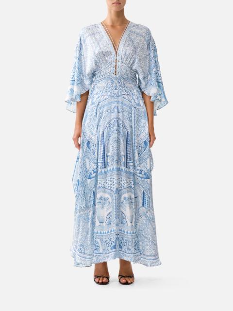 V NECK LACE UP DETAIL LONG DRESS