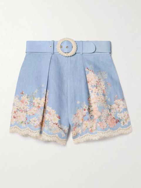 Cascadian belted lace-trimmed pleated floral-print linen shorts Blue