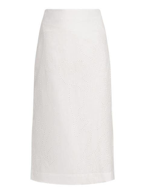 Jardin Soñado Embroidered Linen Midi Skirt off-white