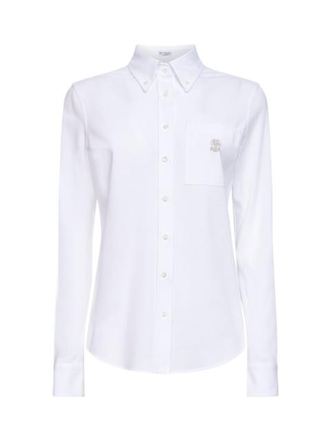 White stretch cotton piquet shirt with logo