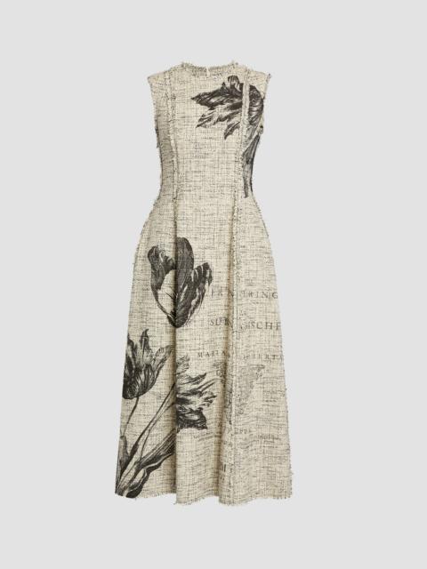 FLORAL PRINT MOULINE TWEED SLEEVELESS MIDI DRESS