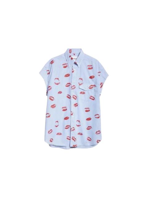 TAKAHIROMIYASHITA TheSoloist. Lip Print Cut Off Sleeve Button Down Shirt Blue