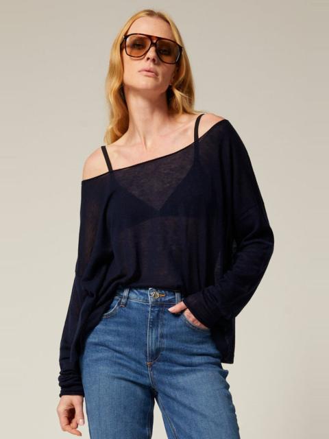 NAVY TISSUE CASHMERE OFF-SHOULDER TOP