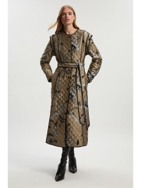 Printed Jacquard Padded Collarless Full Midi Coat