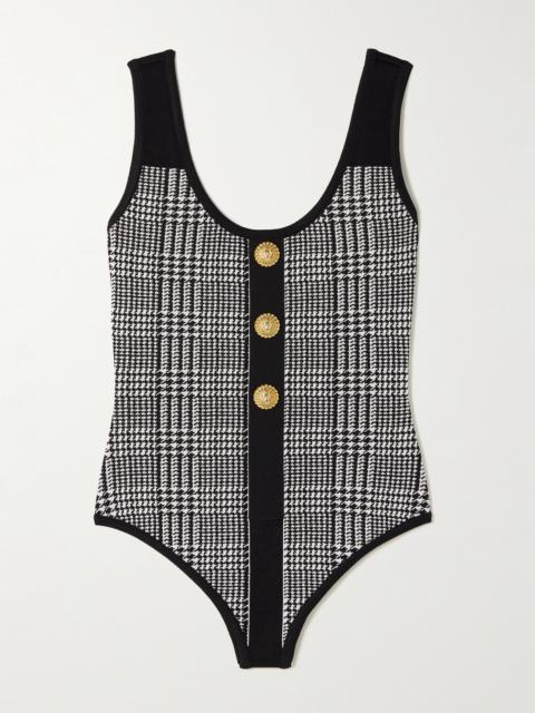 Embellished Prince Of Wales Checked Stretch-knit Bodysuit