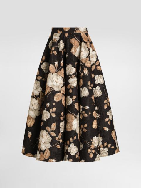 Vintage rose-print brocade midi skirt