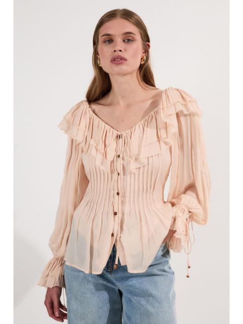 Crinkle Viscose Georgette Pin Tuck Detail Ruffle Woven Blouse