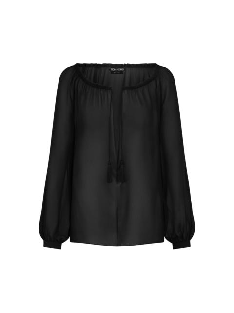 LONG SLEEVE SILK BLOUSE WITH DRAWSTRINGS