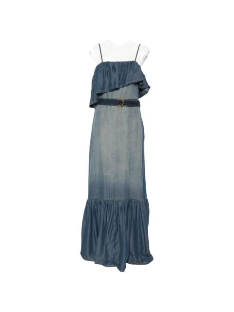 Pinko Ruffled Belted Denim Maxi Dress