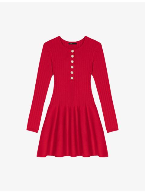 Round-Neck Flared-Skirt Stretch-Knit Mini Dress