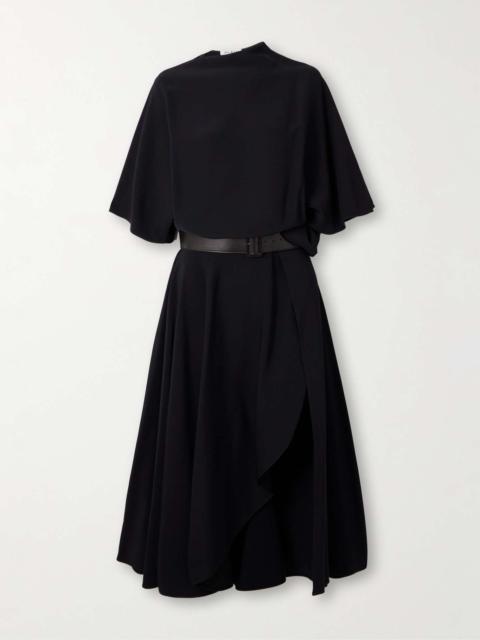 Asymmetric draped leather-trimmed cady midi dress Black