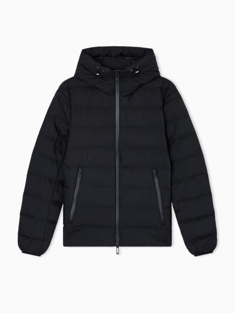 HOODED, QUILTED-NYLON DOWN JACKET WITH JACQUARD LOGO LETTERING