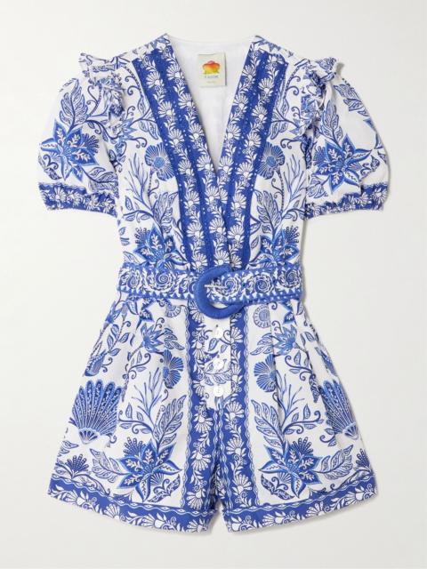 Belted printed organic cotton playsuit Blue