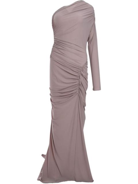 one-sleeve ruched gown
