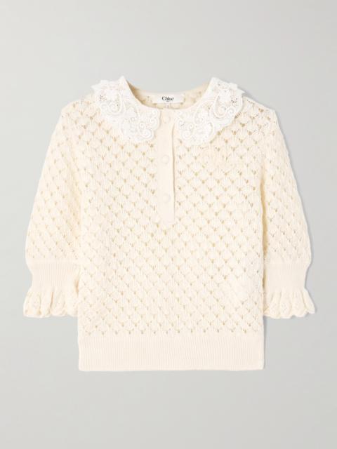 Lace-trimmed Cotton, Alpaca And Silk-blend Polo Sweater