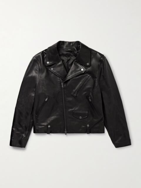 Hollywood Cropped Logo-Appliquéd Leather Biker Jacket Black