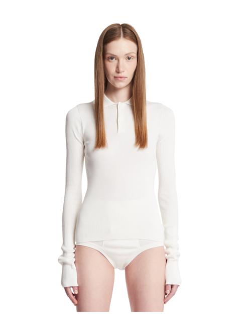 White Silk Long-Sleeve Polo