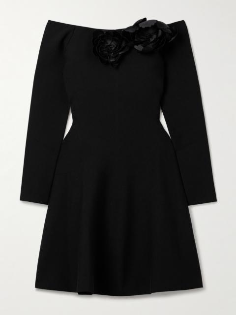 Off-the-shoulder Embellished Appliquéd Stretch-jersey Mini Dress