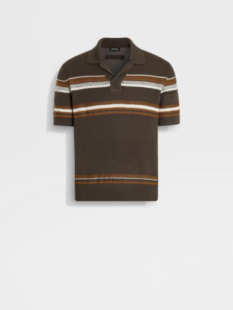 DARK TAUPE OCHRE AND WHITE COTTON AND SILK POLO SHIRT
