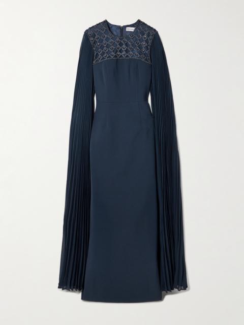 Memphis Cape-effect Embellished Pleated Crepe Gown