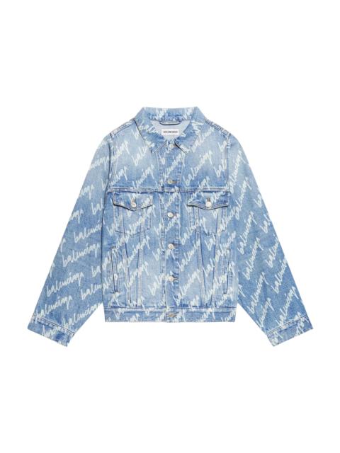 Balenciaga Womens All Over Logo Bell Sleeve Large Fit Denim Jacket Indigo/White