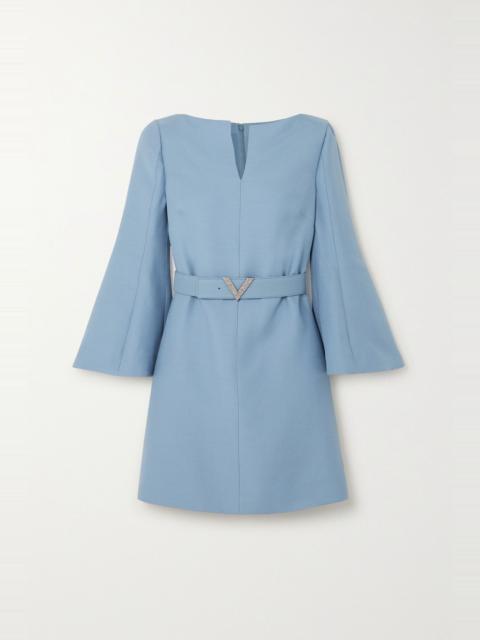 Crystal-embellished belted wool and silk-blend crepe mini dress