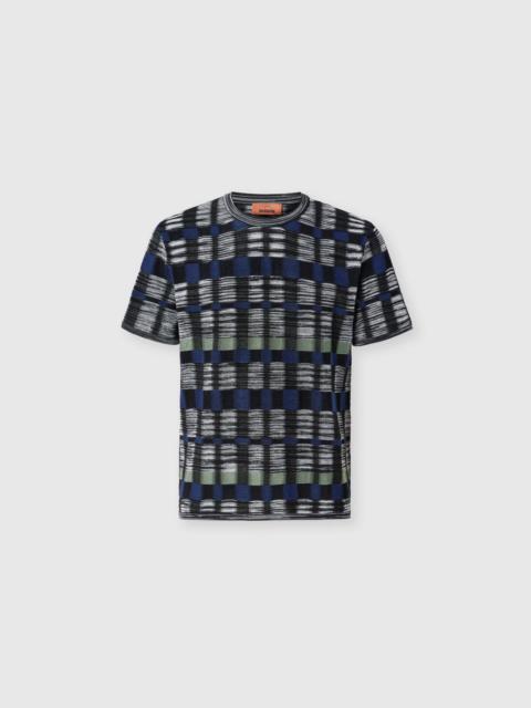 Crew-neck cotton and viscose T-shirt with check pattern