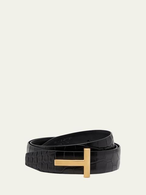 T Buckle Croc-Embossed Patent Belt