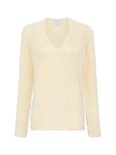 Neoma Knit V-Neck Sweater in Off White Silk Cashmere