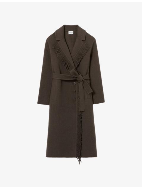 Fringed Belted-Waist Long Wool-Blend Coat