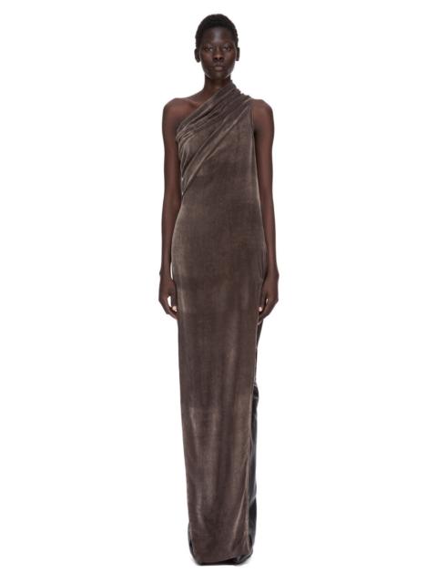 Athena Arrowhead one-shoulder draped crushed-velvet gown Brown
