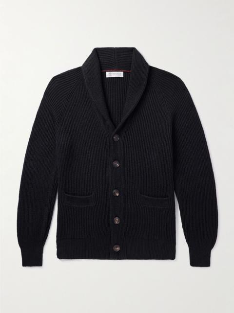 Shawl-Collar Ribbed Cotton Cardigan Black
