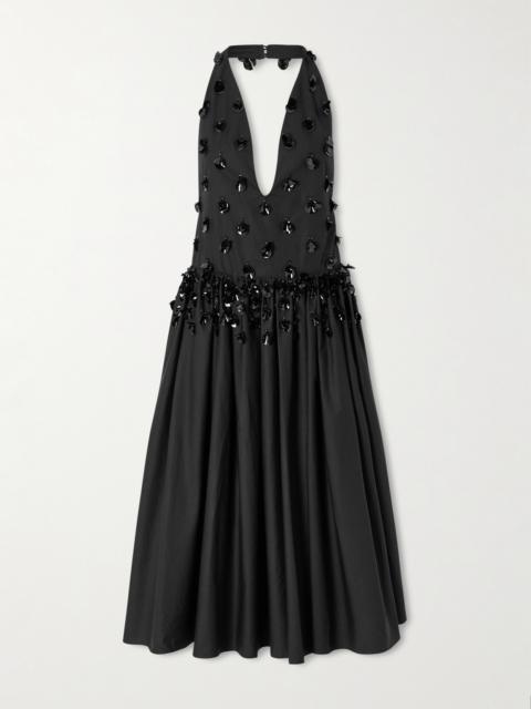 Open-back Embellished Pleated Cotton-poplin Halterneck Midi Dress