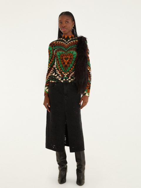 Black Denim Richelieu Front Slit Midi Skirt