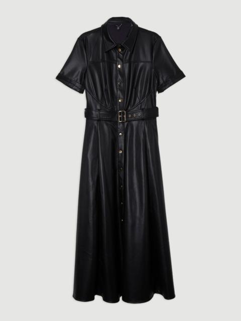 Faux Leather Belted Midi Shirt Dress