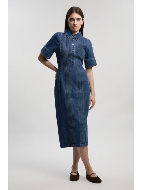 Denim Corset Stitch Detail Pencil Midi Dress