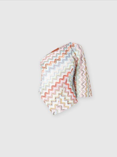 One-shoulder top with 3D lamé zig zag and wide sleeves