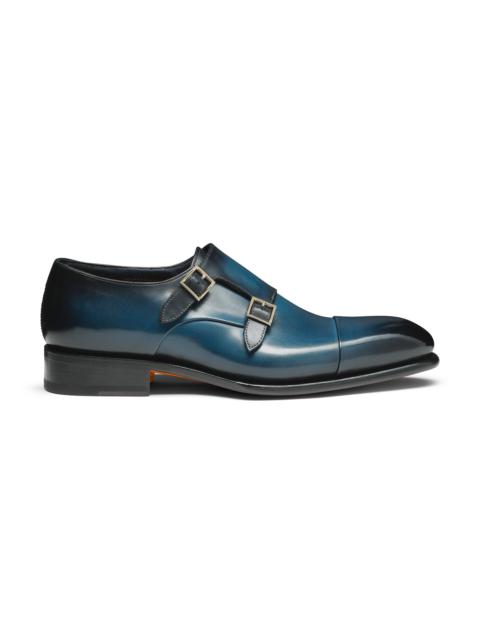 Men's blue leather double-buckle shoe