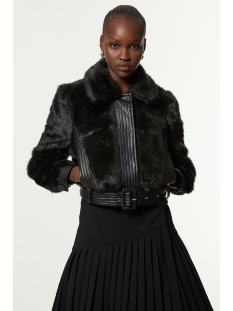 Petite Faux Fur Pu Panelled Belted Cropped Jacket