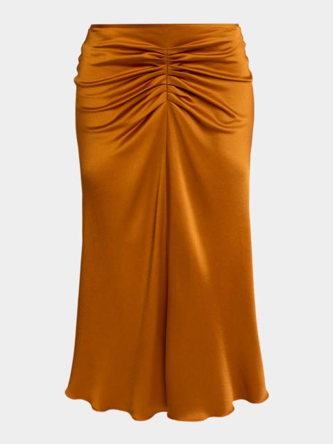 Gathered Waist Satin Midi Skirt