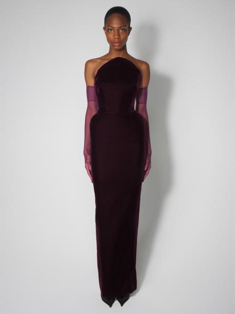 burgundy rounded bustier velvet gown