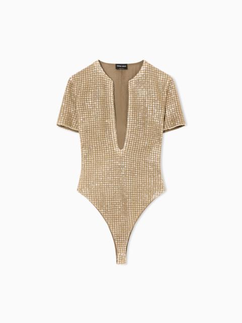 JERSEY BODYSUIT WITH A FLOCKED PRINT AND SEQUINS