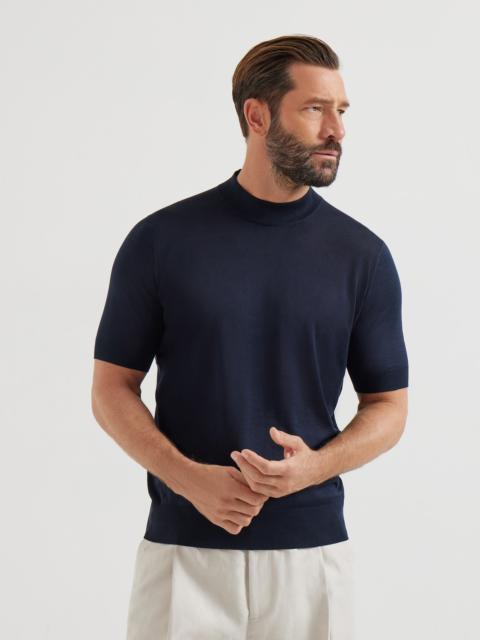 Lightweight silk and cotton knit T-shirt with mock neck